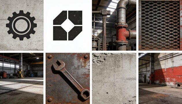 Industrial Collage: A collection of gritty industrial imagery, featuring a gear, abstract shape, piping, metal grate, factory interior, wrench, concrete texture, and red-and-white wall.