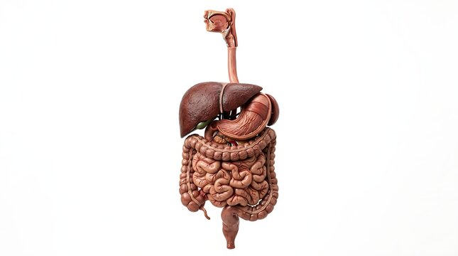 Anatomical human digestive system model on white background