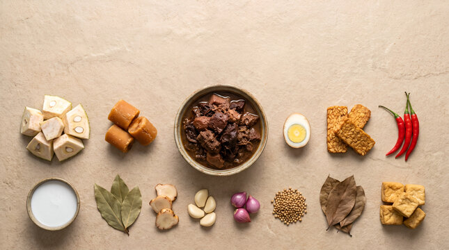 Authentic Gudeg Yogyakarta surrounded by traditional ingredients. Suitable for culinary education, publishing, tourism, and food marketing.