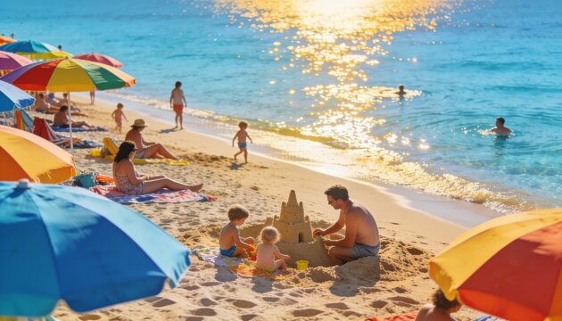 Sunny Beach Bliss: Families and individuals enjoy a sun-drenched day at the beach, with vibrant umbrellas shading sunbathers and children building sandcastles near the gentle.