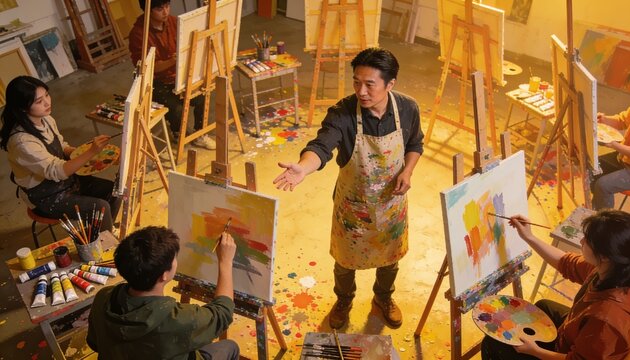Art Class in Session: A male art instructor guides students in an art class, surrounded by easels, canvases, and paint supplies, fostering creativity and artistic expression.