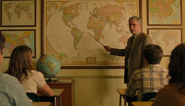 Geography Lesson: A dedicated teacher points to a world map in a classroom, engaging students in a lesson about geography and global studies.