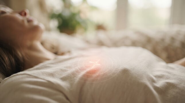 Young adult woman lying in bed experiencing heart palpitations or chest pain with glowing sensation in her chest representing anxiety or health issue
