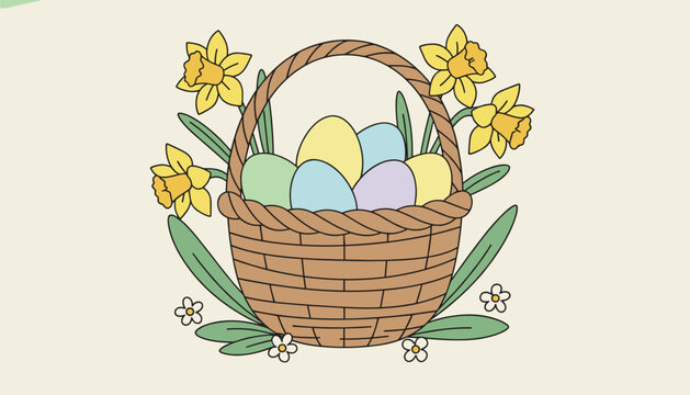 Woven Easter basket filled with pastel colored eggs surrounded by blooming yellow daffodils.