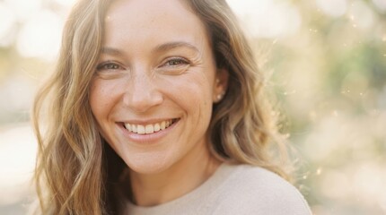 Fototapeta premium Close-up portrait of a cheerful 40-year-old Caucasian woman smiling brightly outdoors in natural sunlight, representing joyful lifestyle and wellness