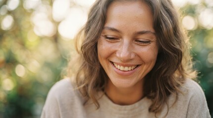 Obraz premium Smiling young adult Caucasian woman looking down with happy expression outdoors in natural sunlight, representing positivity and joy