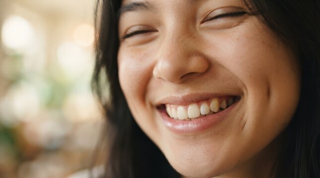Close up portrait of a joyful young Asian woman laughing with closed eyes and visible dimples, perfect for lifestyle and happiness concepts