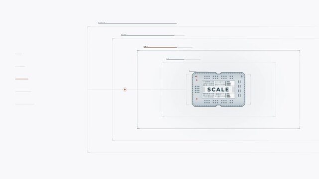 Dynamic animation featuring the word 'SCALE' in a modern chip font against a light gray background, showcasing layered geometric elements in teal and deep ink shades, creating a tech-inspired