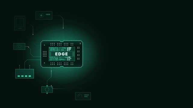 Dynamic visualization of Edge AI device fleet featuring a glowing chip with the text 'EDGE' and interconnected devices, set against a dark background with teal and light accents creating a futuristic