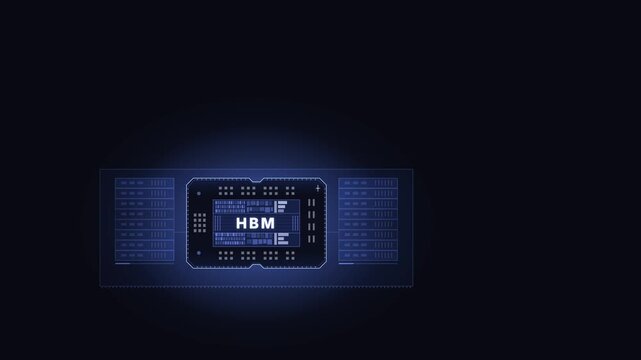 Dynamic visualization of HBM stacks featuring a glowing blue field and contrasting text, set against a dark background, ideal for tech presentations and AI compute discussions.