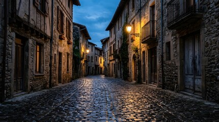 Obraz premium Historic cobblestone street illuminated by warm streetlights at dusk in an old European town.