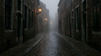 Fototapeta premium Foggy cobblestone street in an old European town at dusk.
