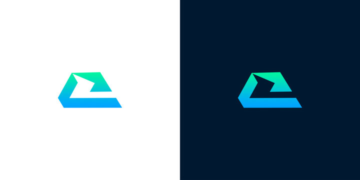 Modern abstract geometric logo design featuring a dynamic blue and green gradient shape on dark and light backgrounds