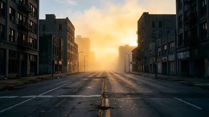 Fototapeta premium Empty urban street at sunset with tall buildings and dramatic sky.