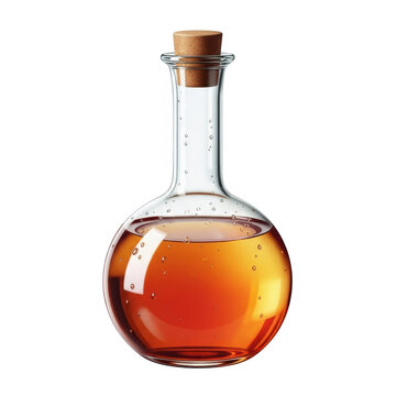 Glass bottle with golden amber liquid and wooden cork stopper