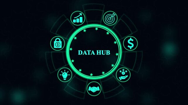 Data hub digital interface with business analytics, and financial growth technology concept