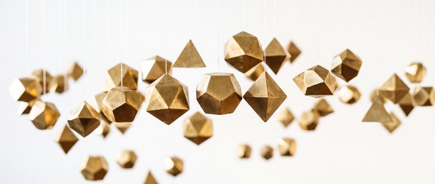 Collection of golden brass geometric polyhedra shapes hanging as artistic mobile against clean white background creating sophisticated and modern decor style.