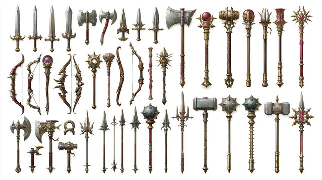A diverse collection of fantasy weapons including swords, axes, and staffs.