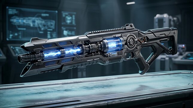 Futuristic energy gun with glowing blue power cells in sci-fi lab