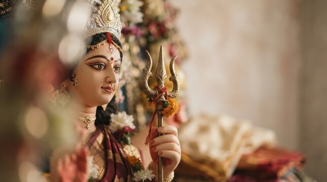 Close-up portrait of Goddess Durga idol holding trishula during Hindu festival celebrations representing divine power and devotion