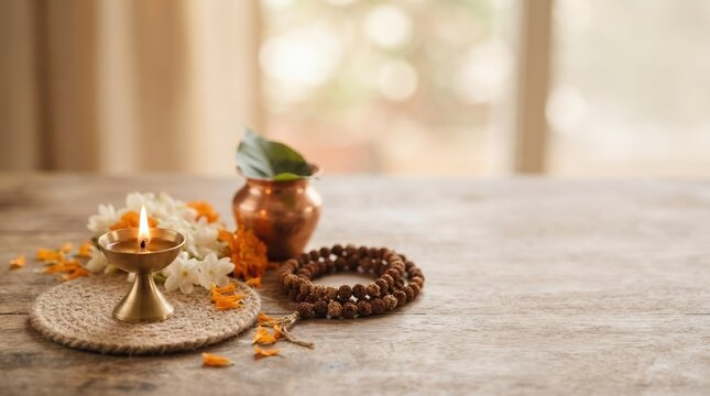 Traditional Indian prayer setup with brass oil lamp diya, rudraksha mala prayer beads, and holy flowers on a wooden table for spiritual meditation and worship