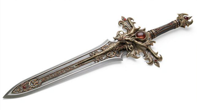 Ornate fantasy sword with intricate details and a dragon motif.