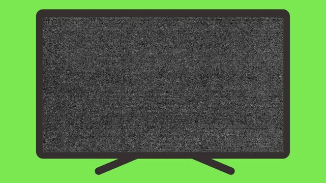 Flat screen television with analog static noise signal and white pixel display on green background