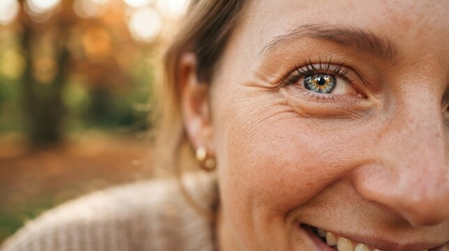Close up portrait of a smiling adult caucasian woman with beautiful blue eyes and natural skin texture outdoors in autumn