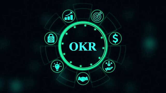 Okr objectives and key results business strategy concept with animated digital and glowing infographic