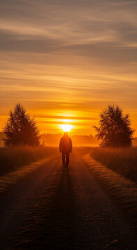 Man walking on dirt road at sunrise with sun flare
