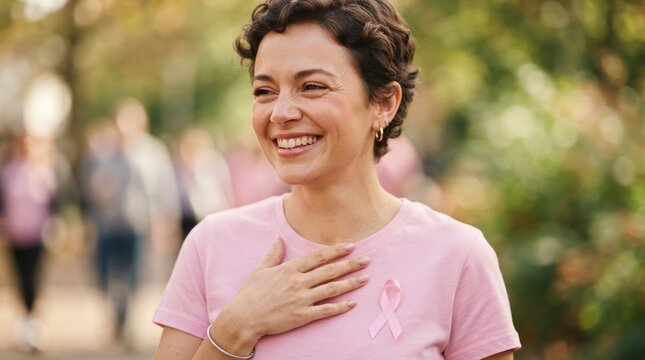Smiling middle-aged woman wearing a pink t-shirt with a breast cancer awareness ribbon outdoors representing health and hope
