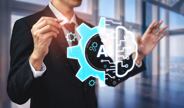 Concept of Artificial Intelligence combining industrial automation with cognitive technology. A machine learning brain processes information to optimize mechanical systems and workflows. Fermion