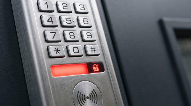 Silver digital keypad door lock with red status light