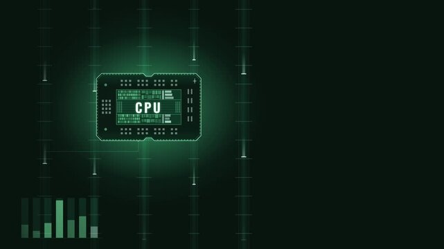 Dynamic CPU Chip Animation with Power Rails Highlighting in a Vibrant Green and Dark Background, Showcasing Technological Energy and Motion