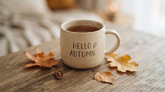 Cozy autumn morning with a ceramic cup of hot tea and fallen leaves on wooden table for cozy season and seasonal mood concepts