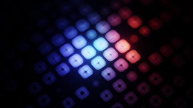 Endless loop animation of abstract glowing colorful square blocks randomly changing size in dark space