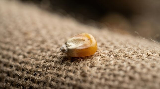 Single corn kernel resting on a textured burlap sack representing agriculture and harvest themes
