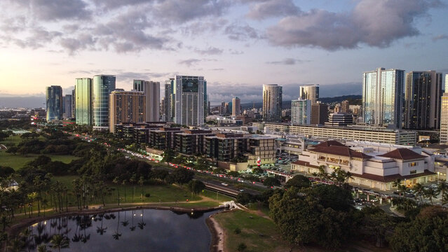 Twilight aerial view of Ala Moana Center and Honolulu skyline on Oahu, Hawaii