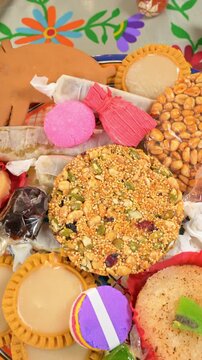 Top view of traditional Mexican treats and colorful candies
