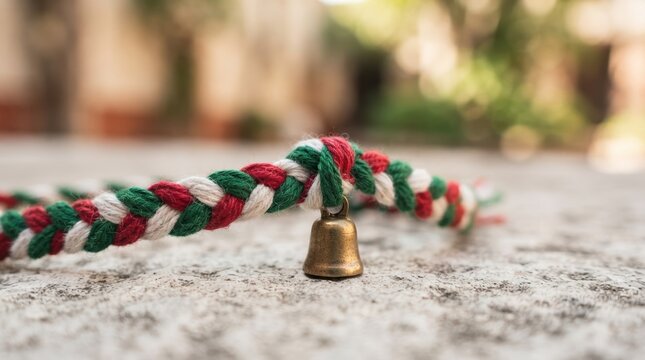 Martenitsa bracelet with a traditional brass bell on a stone surface symbolizing Bulgarian spring tradition Baba Marta and March greeting