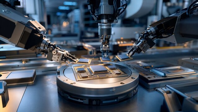 Futuristic industrial robotics image showing precision assembly of semiconductor chips in high-tech manufacturing environment for technology innovation concept