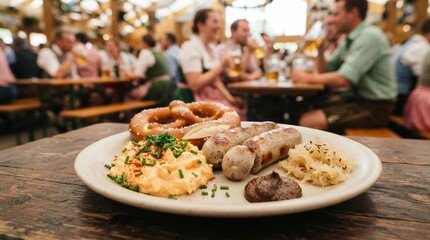 Obraz premium Traditional Bavarian Oktoberfest meal with bratwurst sausages, pretzel, obatzda cheese, and sauerkraut in a festive beer tent setting