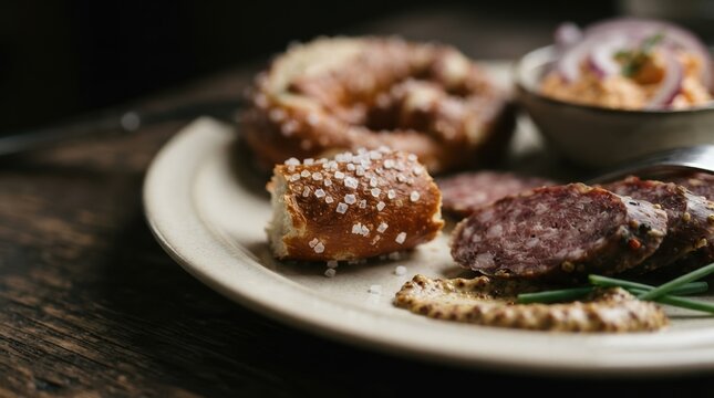 Traditional Bavarian snack plate with sliced salami, salted pretzel, mustard and obatzda cheese spread on wooden table for rustic pub dining