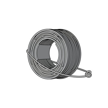 Industrial galvanized steel wire coil illustration. Metal cable spool for construction, hardware, and DIY projects.