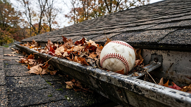 Baseball On Roof Gutter Surrounded By Autumn Leaves And Weathered Shingles