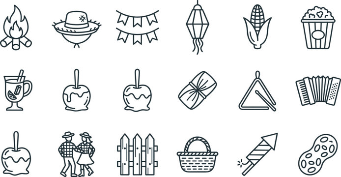 Festa Junina Line Art Icon Vector Set with Bonfire, Straw Hat, Candy Apple, Bunting Flags, Accordion, Triangle Instrument, and Traditional Brazilian June Festival Elements