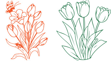 Tulip flower line art illustrations with butterfly and ladybug vector drawings for spring design © Andikia
