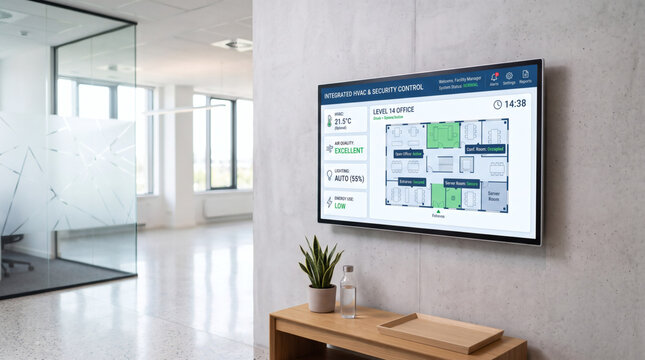 Modern smart office building management system on wall mounted monitor