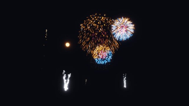 3D Render A captivating fireworks display in a dark night sky with a single bright moon as the centerpiece