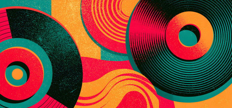 Teal, orange, and pink retro vinyl record background, music party banner design with a grainy texture, abstract summer vibe, dynamic and retro feel